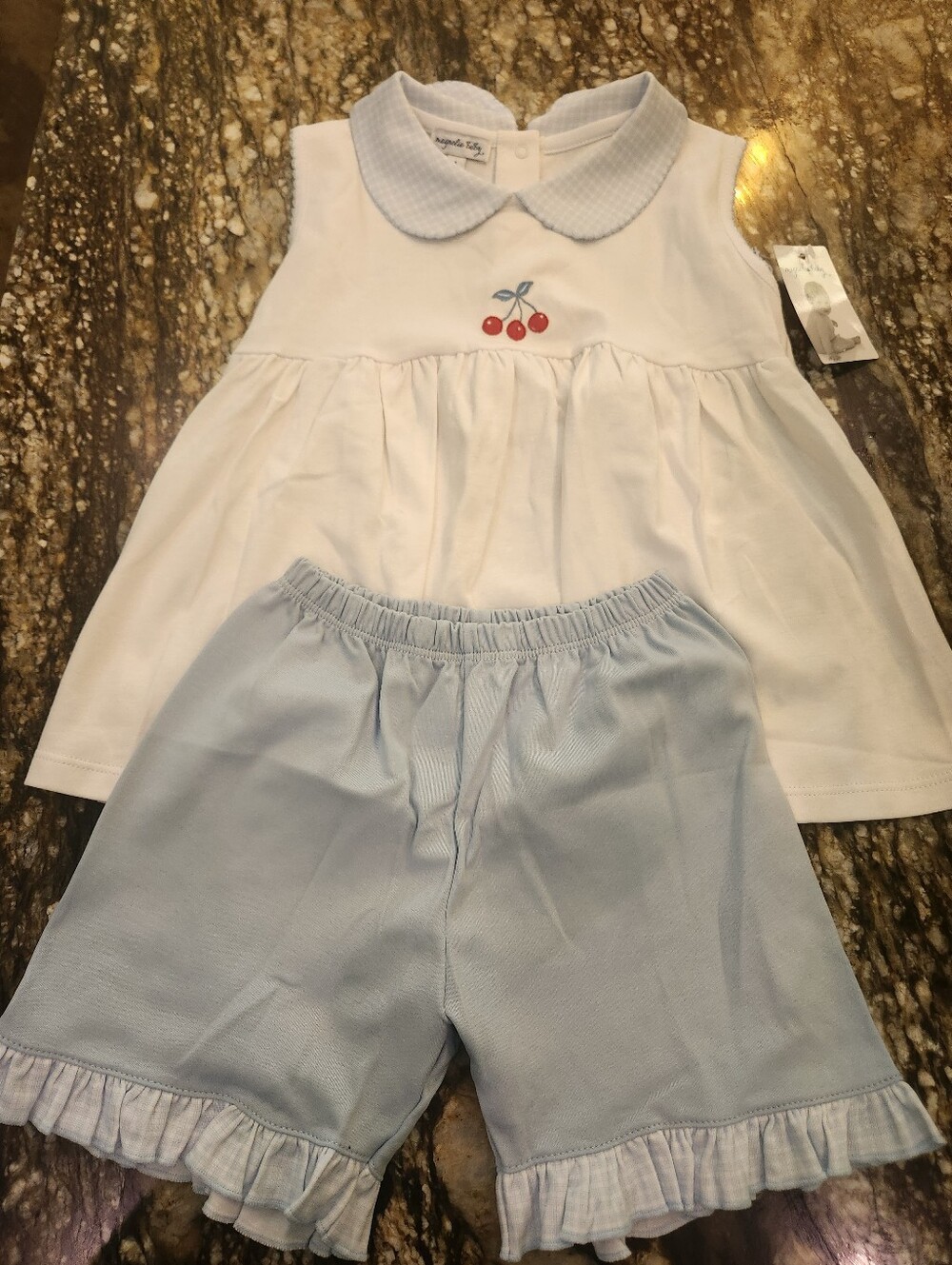White Cherry Embroidered Top with Light Blue Shorts
